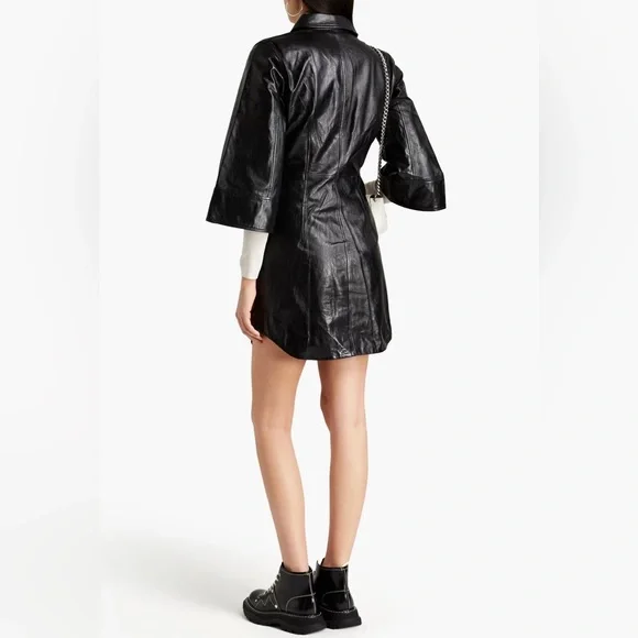 NWT GANNI Women's Black Leather Shirt Dress NWT GANNI Women's Black Leather Shirt Dress